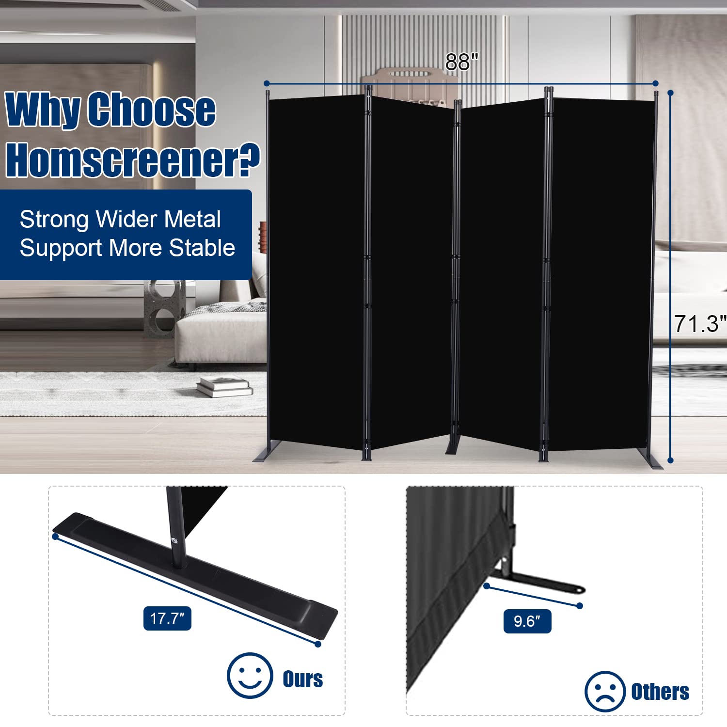 HOMSCREENER steel frame durability emphasizes rust resistance and long-lasting stability.