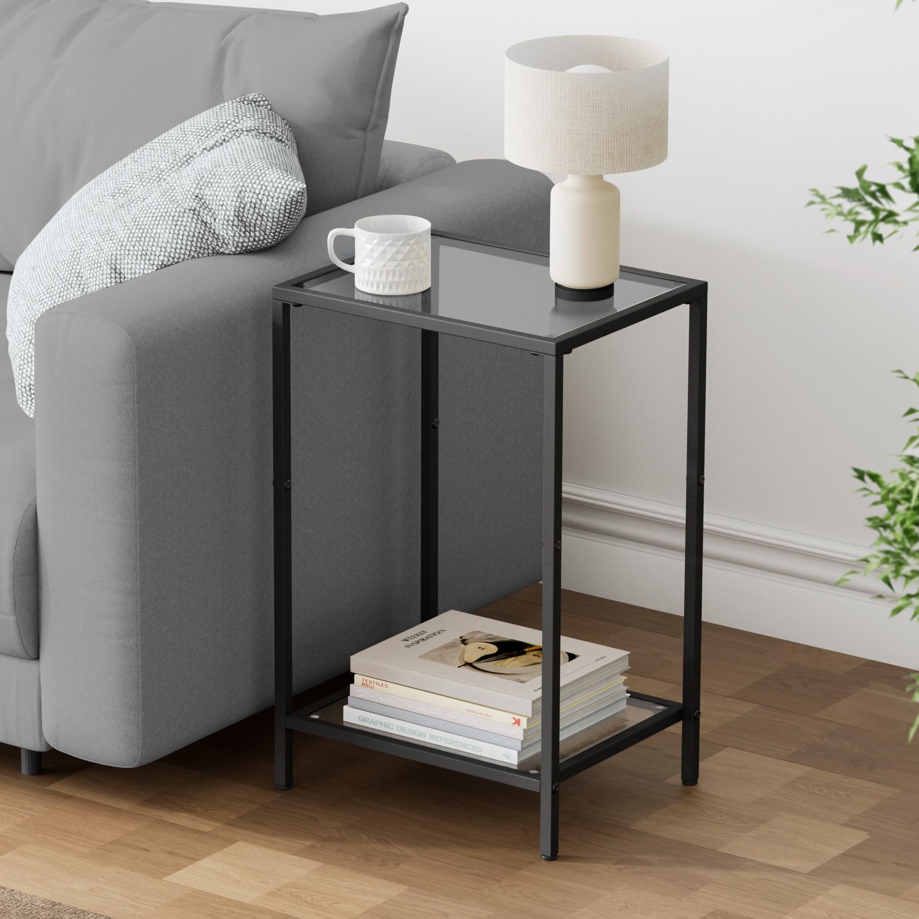 HOMSHO two-tier side table close-up showing clean polished edge and sturdy frame.