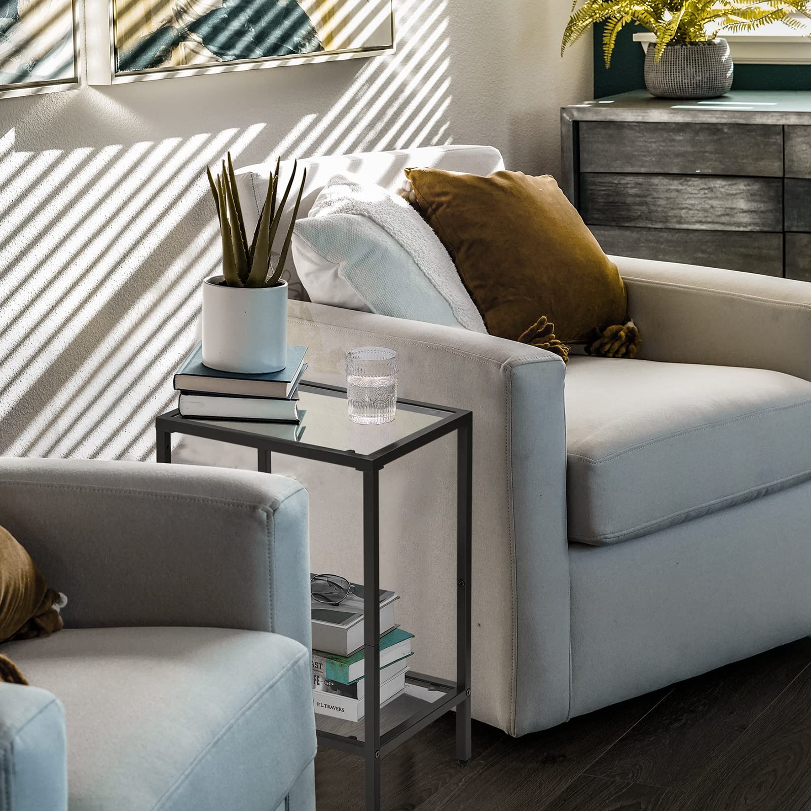 HOMSHO side table with storage shelf displaying magazines and lamp.