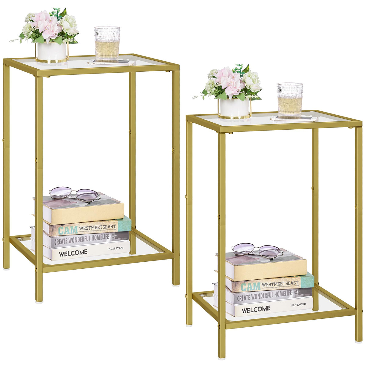 HOMSHO side tables set in gold with tempered glass for living room decor