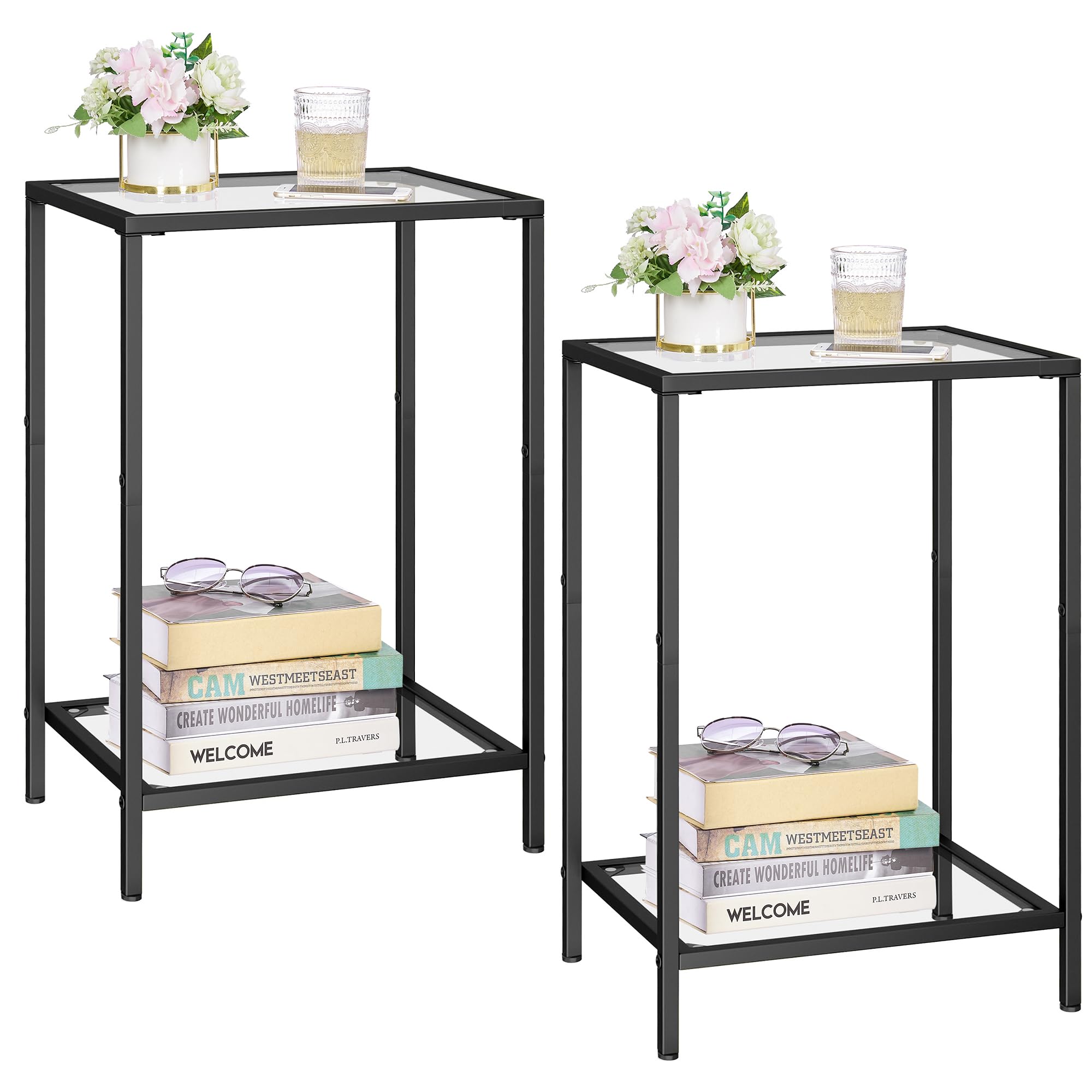 HOMSHO side tables set of 2, modern design with tempered glass for living room organization.