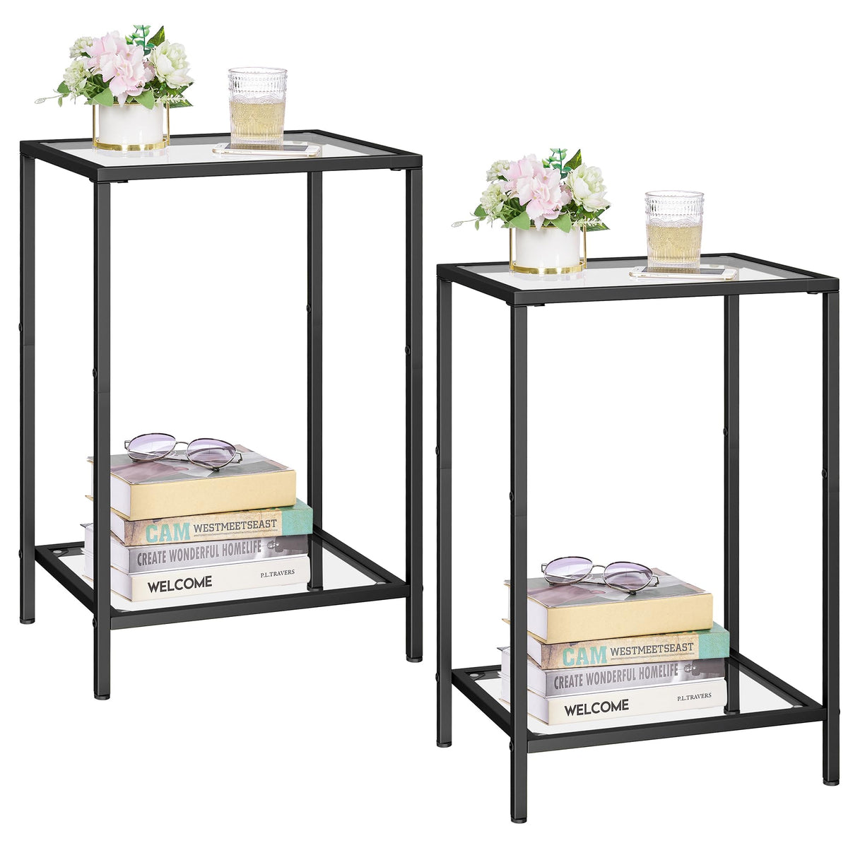 HOMSHO side tables set of 2, modern design with tempered glass for living room organization.