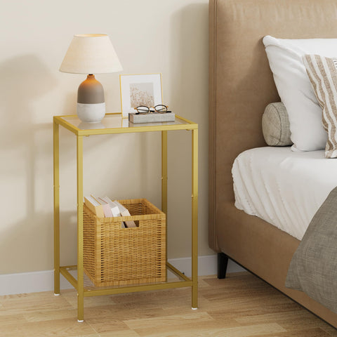 Close-up of tempered glass shelves on HOMSHO table