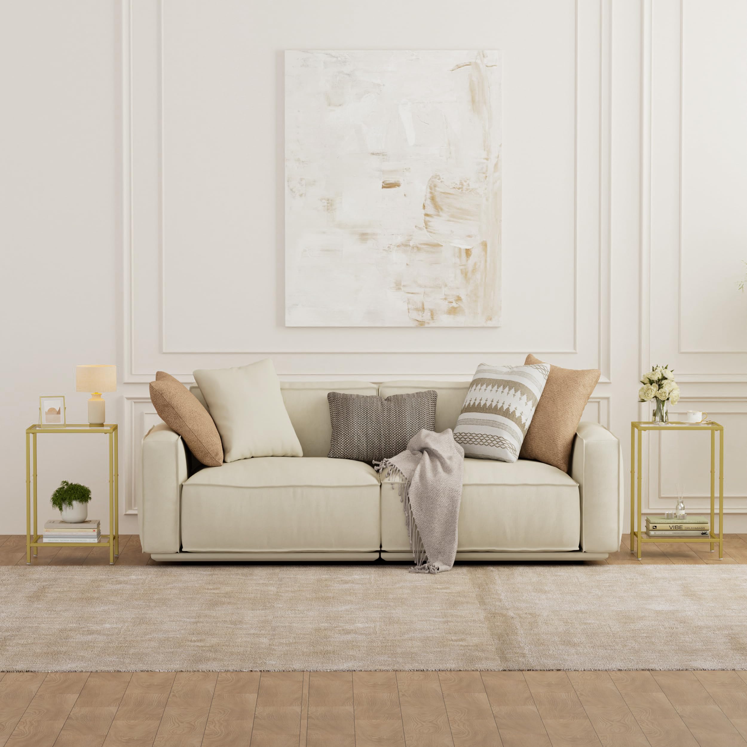 HOMSHO two-tier nightstands in gold frame beside seating area