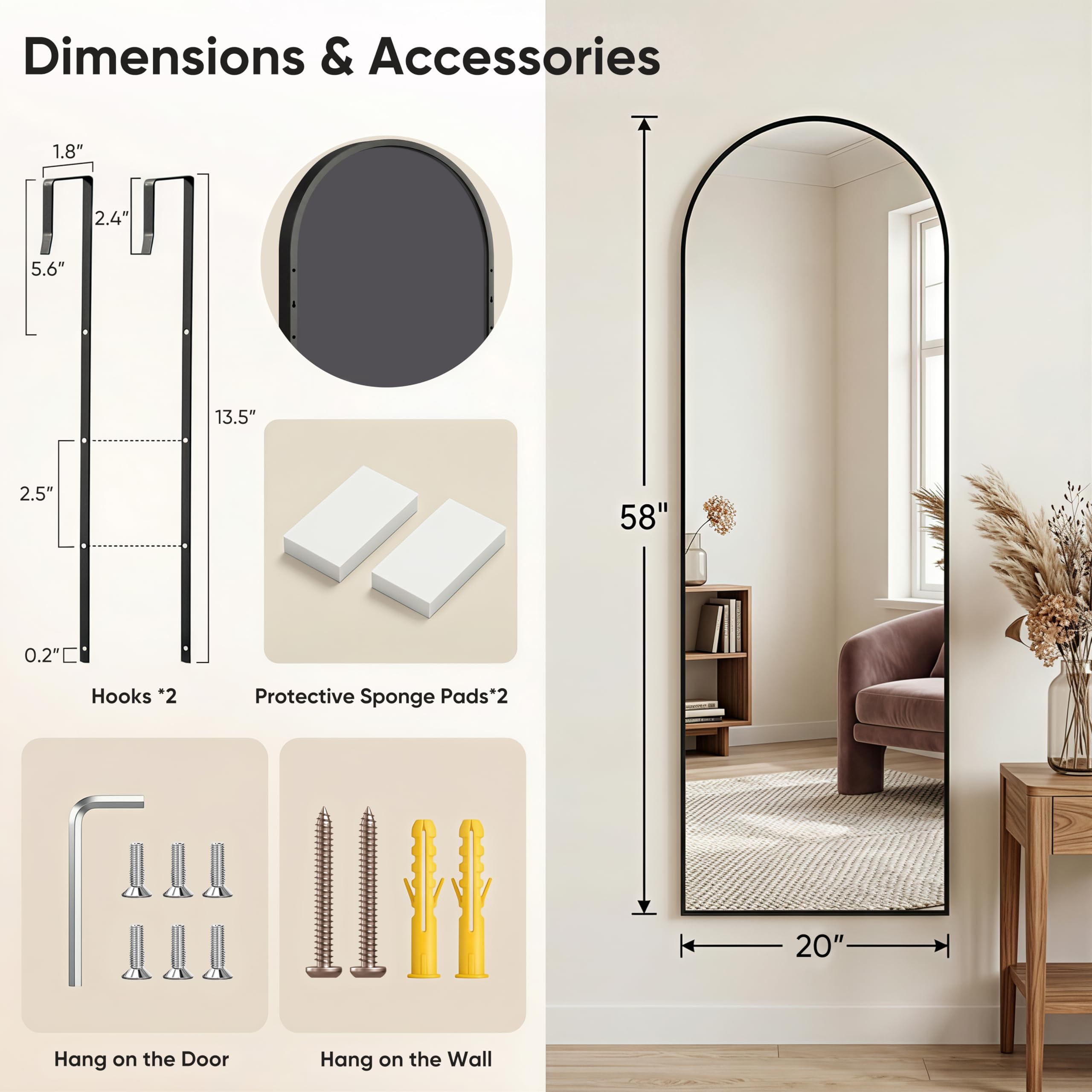 Homsion 58x20 full-length mirror with durable aluminum frame.