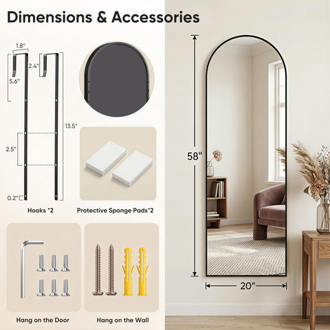 Homsion 58x20 full-length mirror with durable aluminum frame.