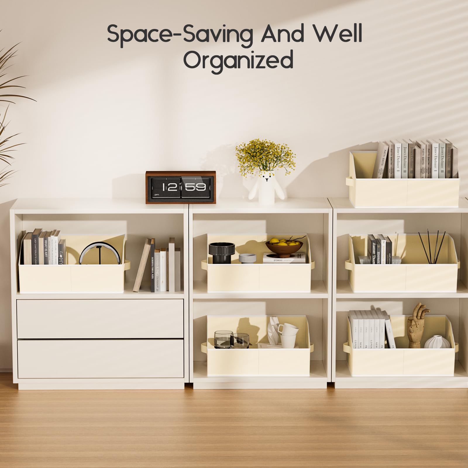 Homsorout beige shelf storage creates a neat, elegant closet setup.