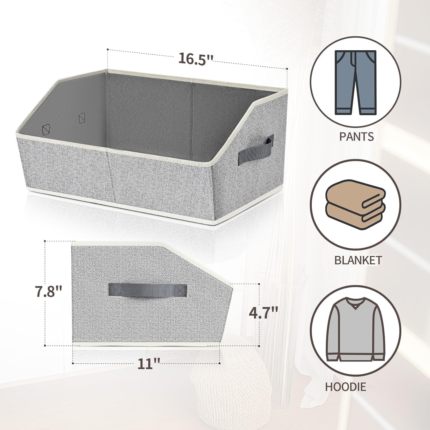 Homsorout light-gray fabric bin complements modern wardrobes.