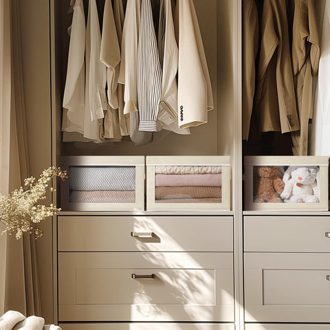 Homsorout beige collapsible bins in a 4-pack for space-saving storage.