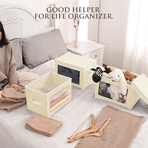 Homsorout fabric storage bin with removable lid keeps contents tidy.
