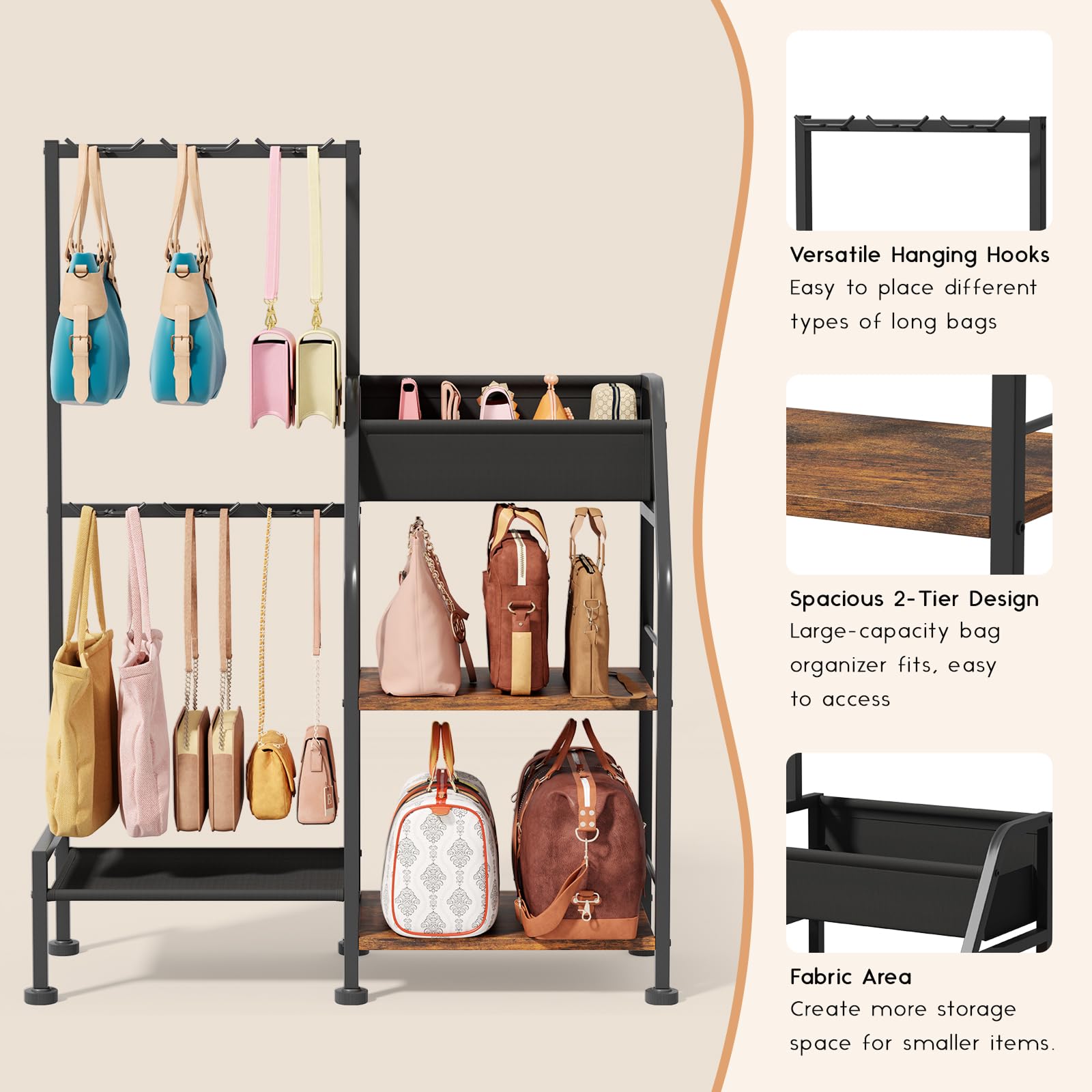 Homsorout Purse Organizer adjustable left hooks adapt to bag lengths.