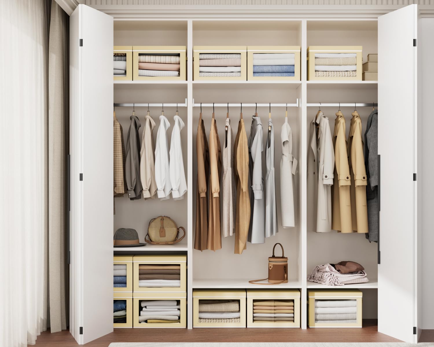 Homsorout stackable storage bin in closet maximizes vertical space.