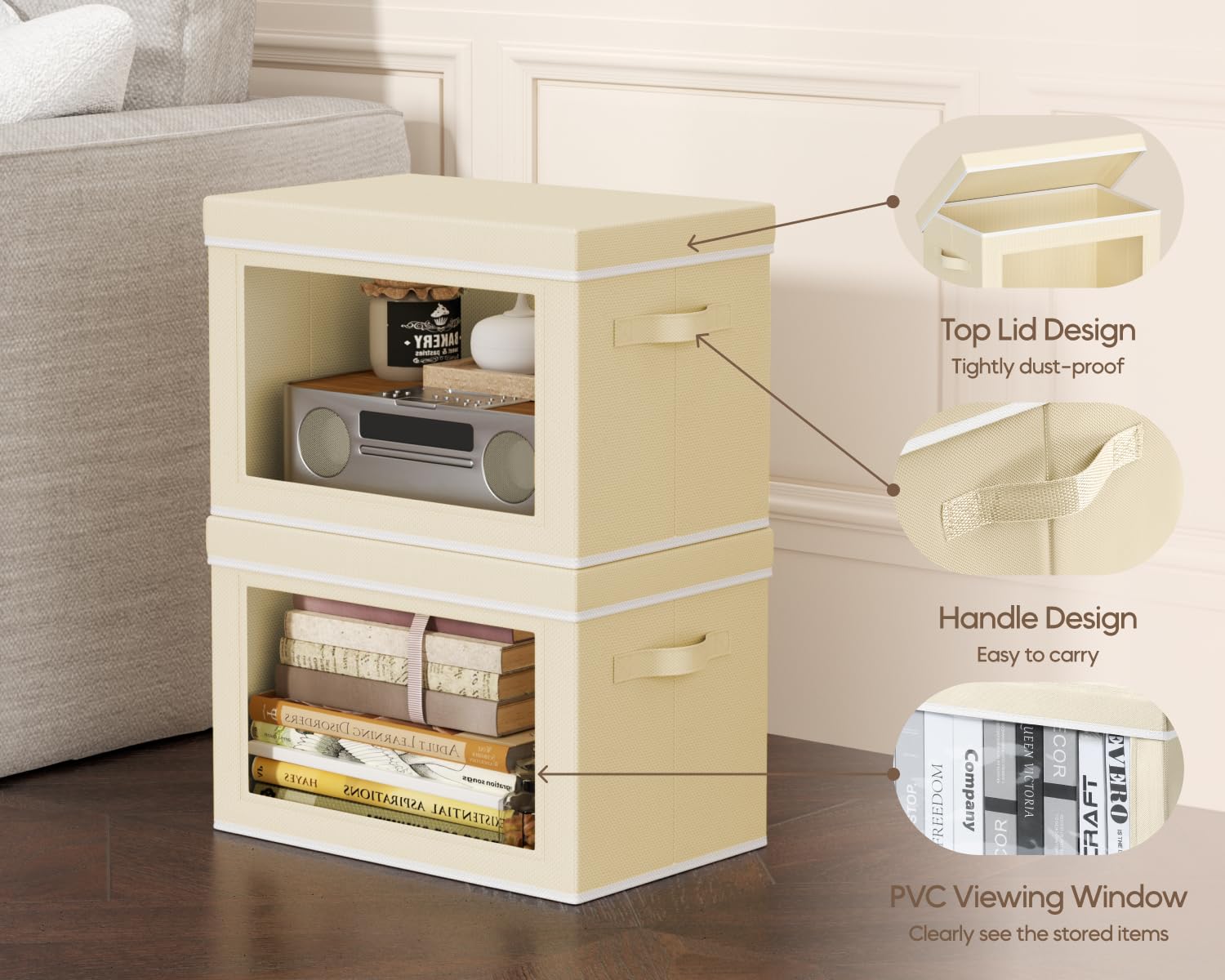 Homsorout storage bin with sturdy handles for easy transport.