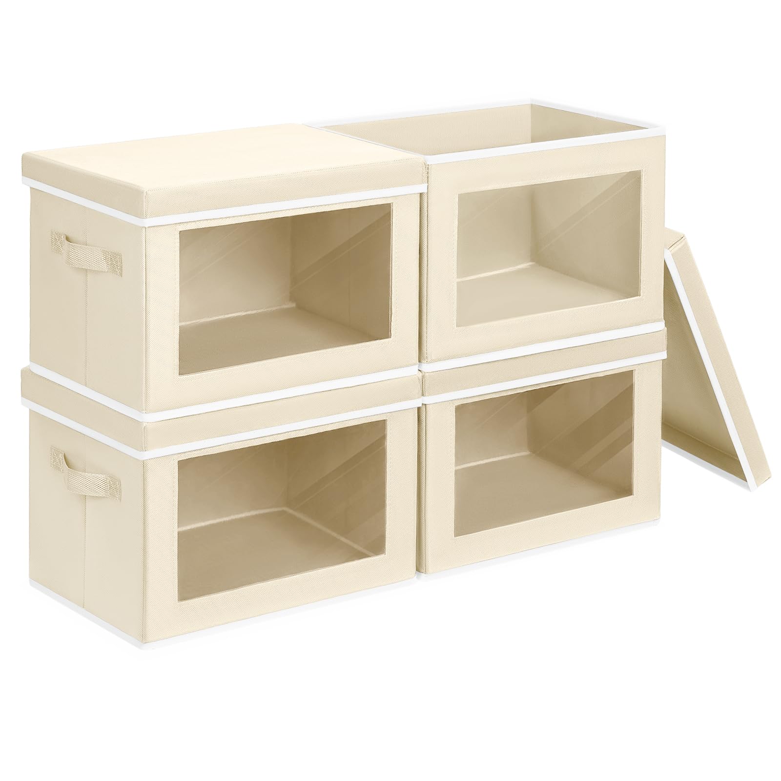 Homsorout storage bins with front window for easy content identification.