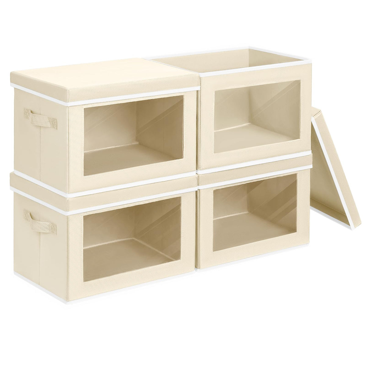 Homsorout storage bins with front window for easy content identification.