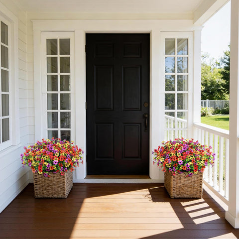 Homsunny artificial flowers in planters, vases, glass jars showcase versatile decor.