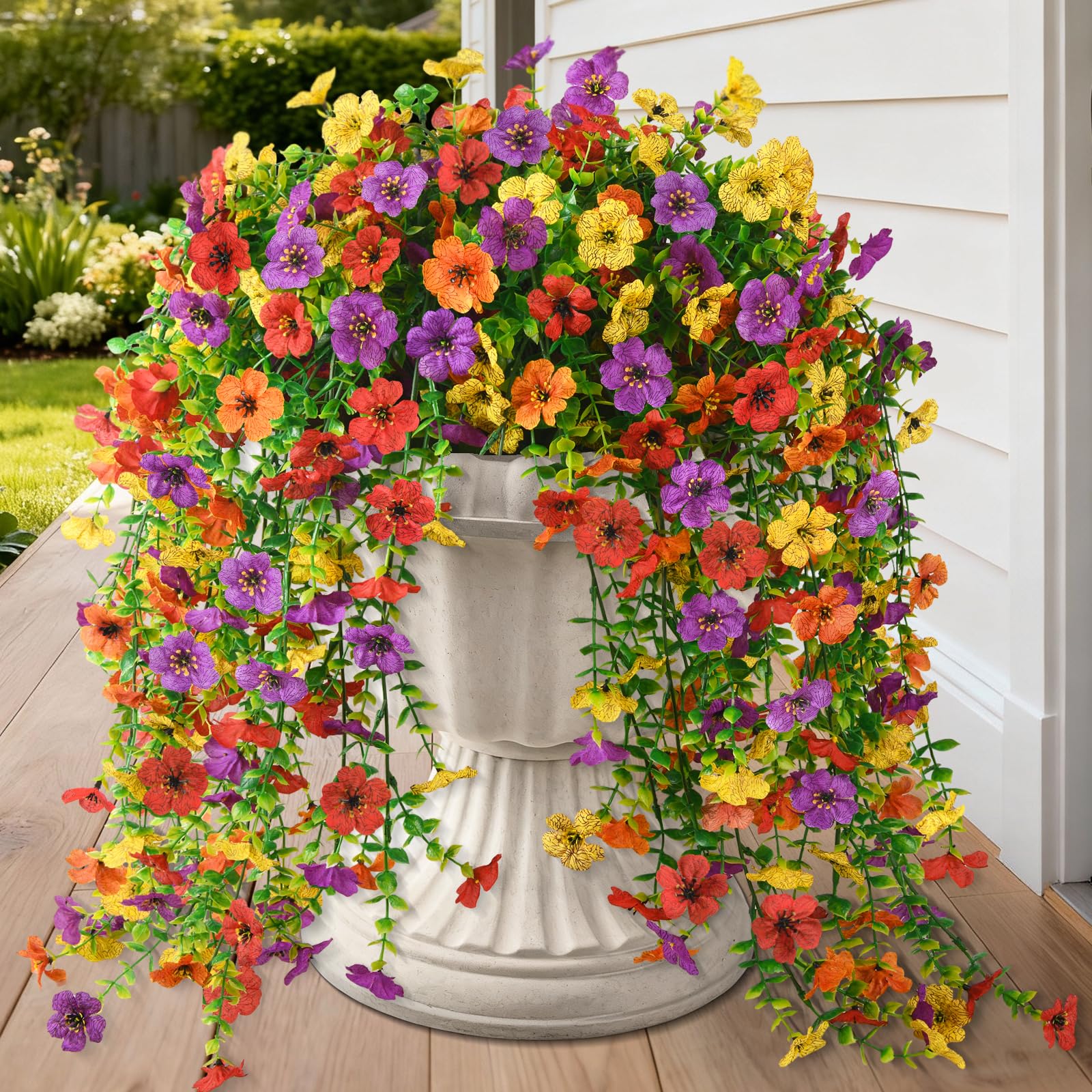 Homsunny hanging daisies with eucalyptus for durable outdoor color.