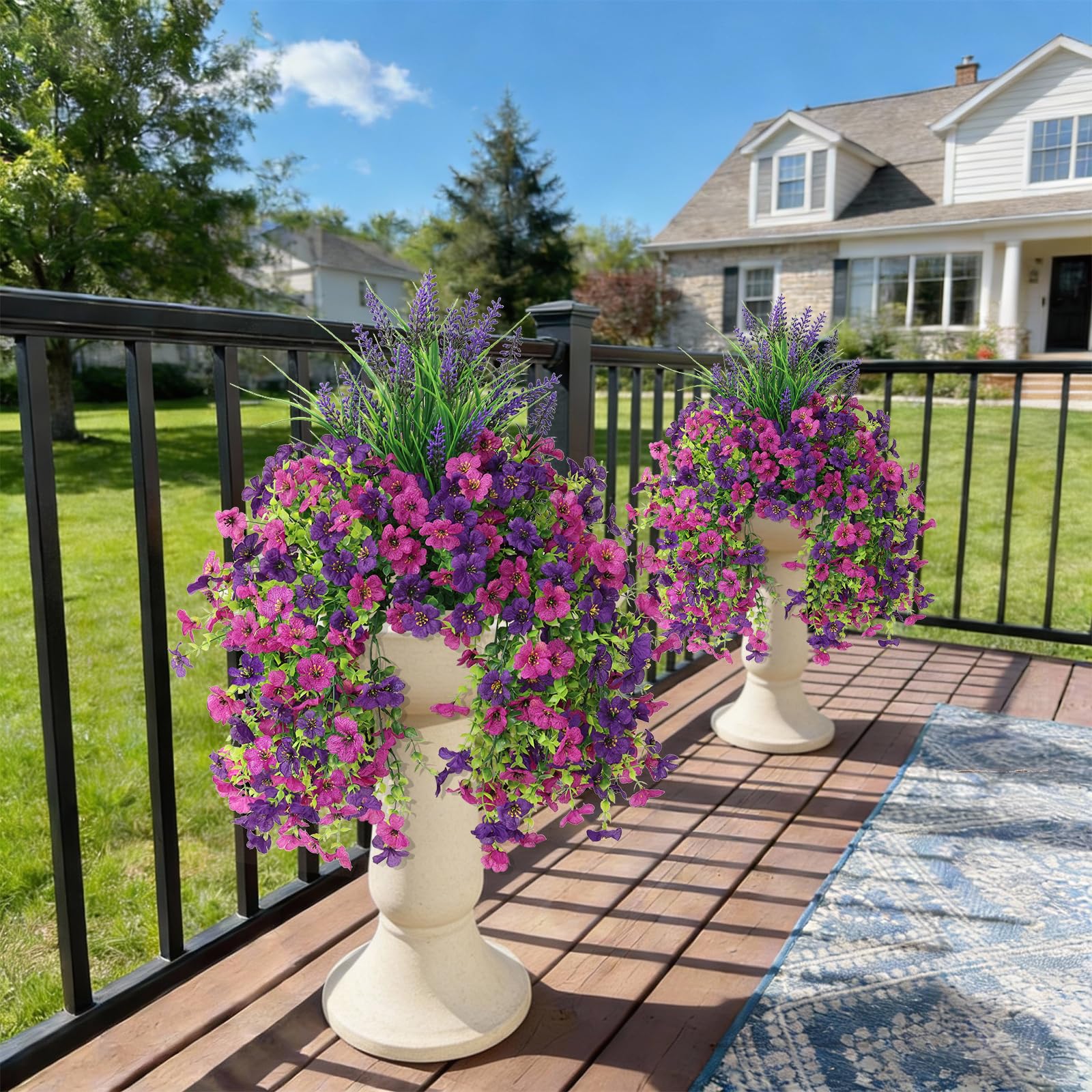 Homsunny hanging flowers on a porch create elegant outdoor living spaces.