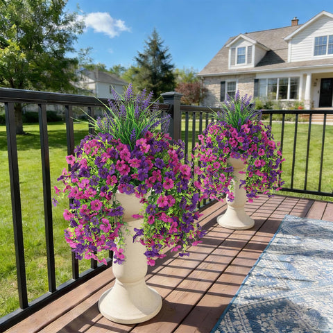 Homsunny hanging flowers on a porch create elegant outdoor living spaces.