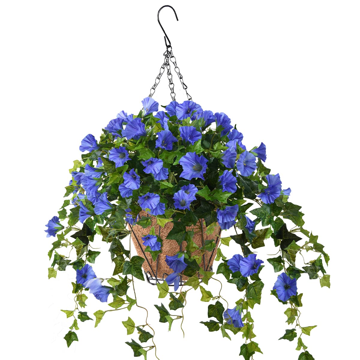 Homsunny artificial vine petunia in blue basket adds year-round patio color.