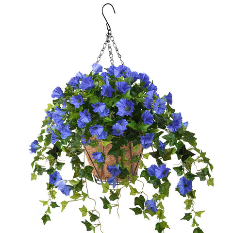 Homsunny artificial vine petunia in blue basket adds year-round patio color.