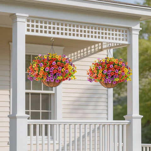 Homsunny balcony garden look with realistic hanging daisies in basket.