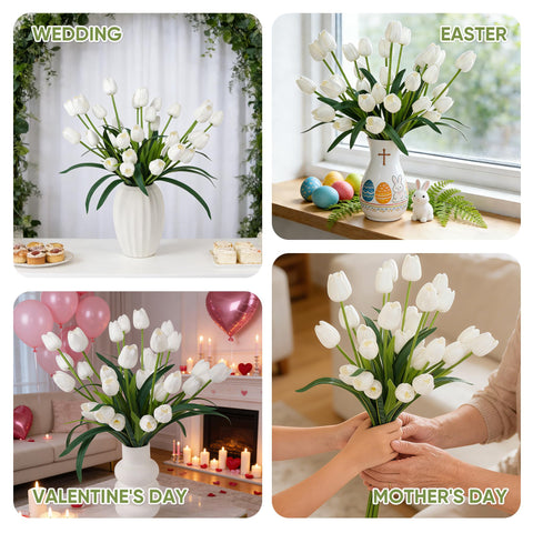 Homsunny elegant table centerpiece with white tulips for decor.