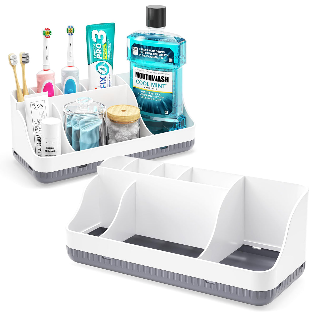 Homtalker 7-slot bathroom organizer on counter showing neat arrangement and easy access.