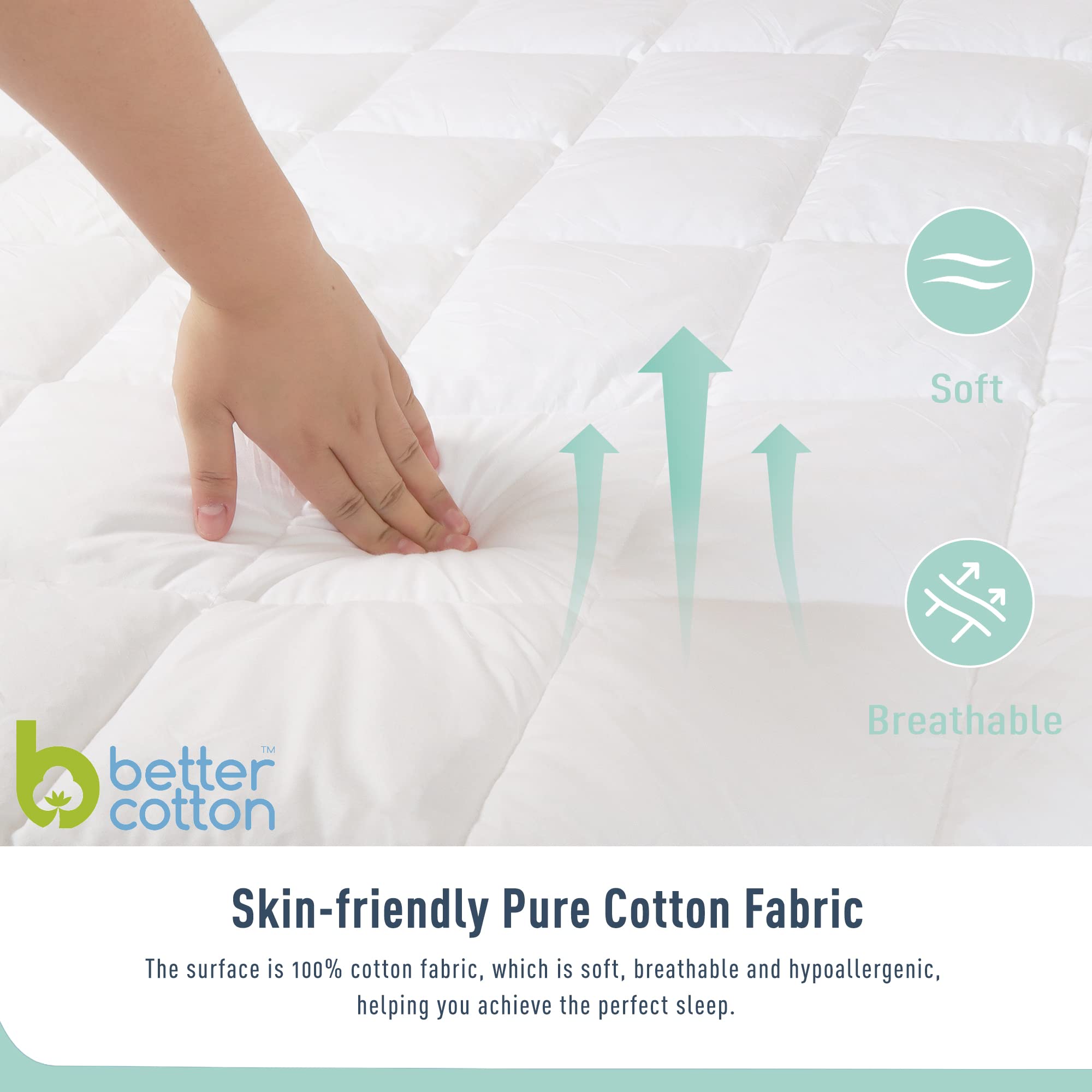 HOMTEC mattress pad with hollow microfiber fill provides lightweight cushion.