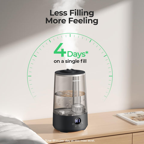 Homvana humidifier on office desk delivering cool mist for comfort.