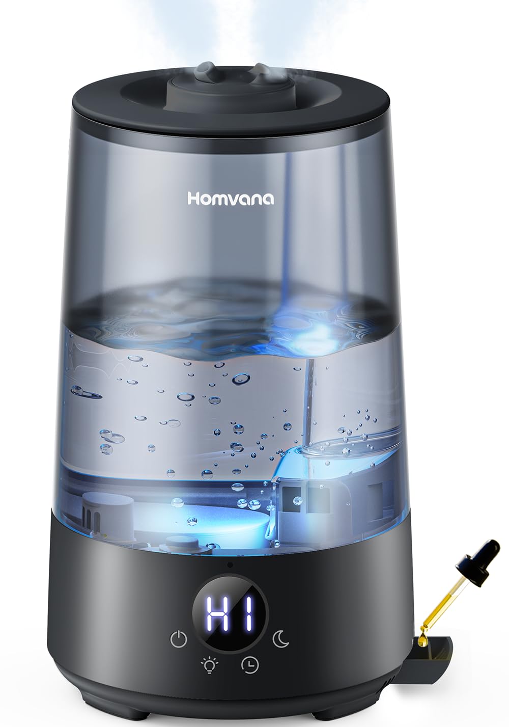Homvana humidifier in a bedroom at night with soft mood lighting for calm sleep.
