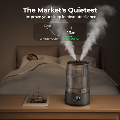 Homvana humidifier with top-fill design for easy refills on a nightstand.