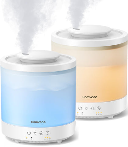 Homvana small humidifier in bedroom, front view, space-saving design.