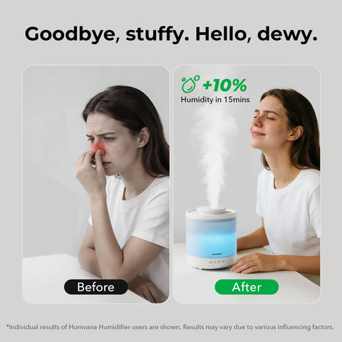 Homvana ultrafine mist illustration showing quick humidity spread.