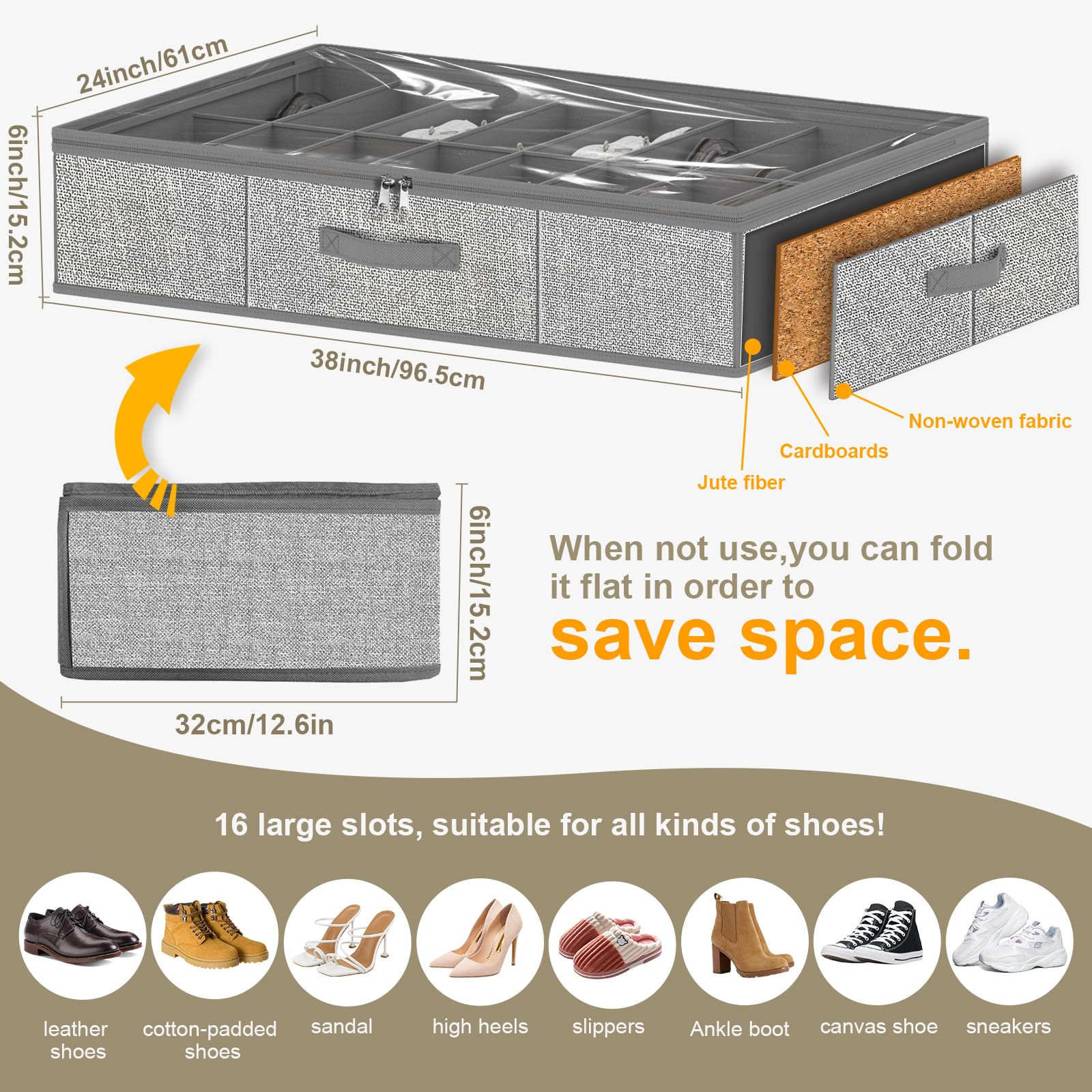 Homyfort under-bed shoe organizer with 16 slots visible keeps shoes neatly separated
