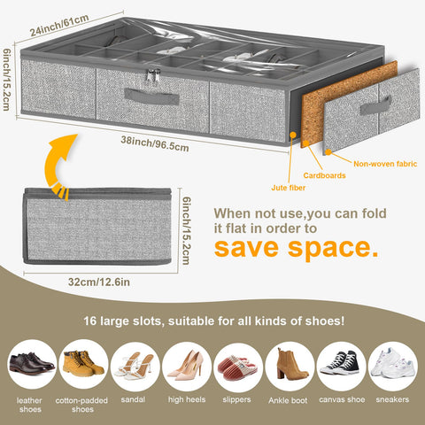 Homyfort under-bed shoe organizer with 16 slots visible keeps shoes neatly separated