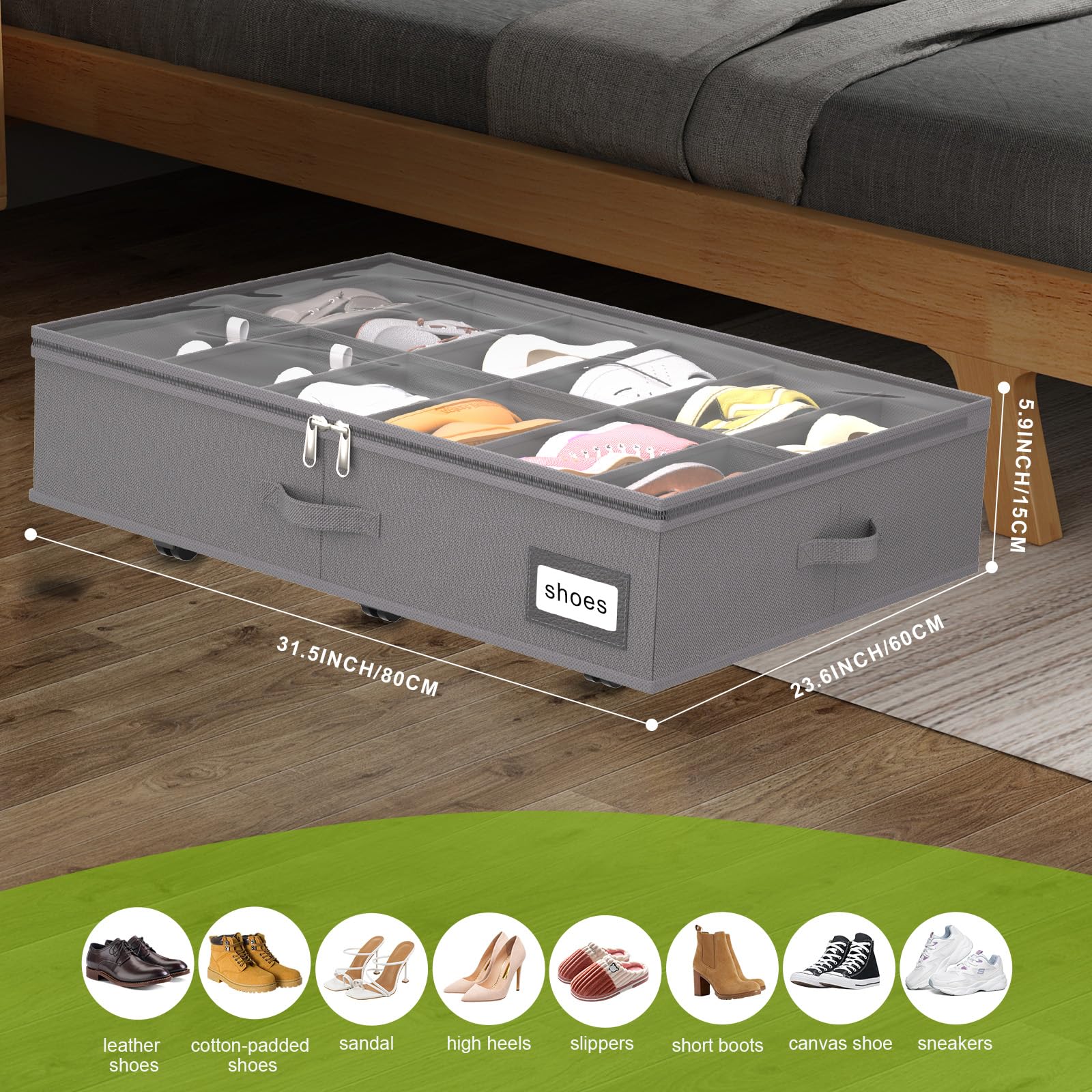 Homyfort under-bed shoe storage with clear lid for quick viewing