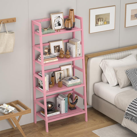 Homykic Bamboo Ladder Bookshelf pink 4-tier close-up, smooth finish and crossbar stability