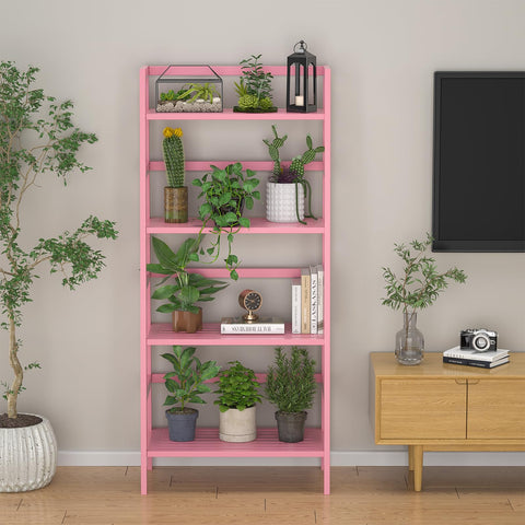 Homykic Bamboo Ladder Bookshelf pink bathroom storage, towels and toiletries neatly arranged