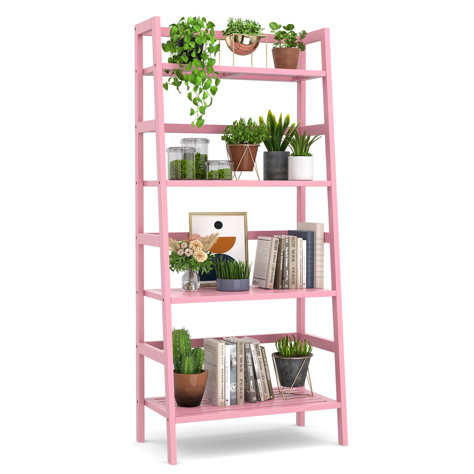 Homykic Bamboo Ladder Bookshelf pink front view, showcasing ample 4-tier storage for books