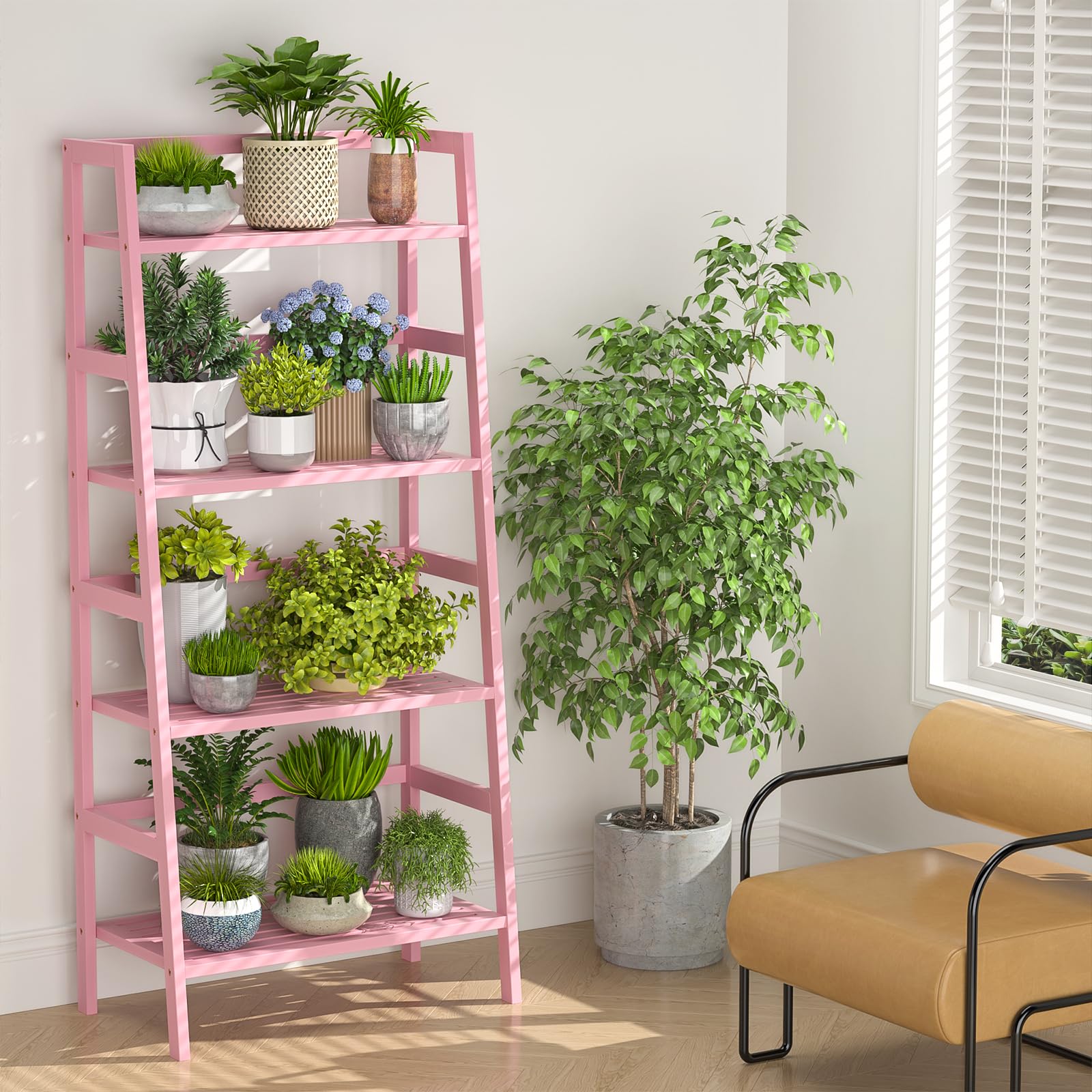 Homykic Bamboo Ladder Bookshelf pink in living room, elevating organization