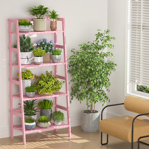 Homykic Bamboo Ladder Bookshelf pink in living room, elevating organization