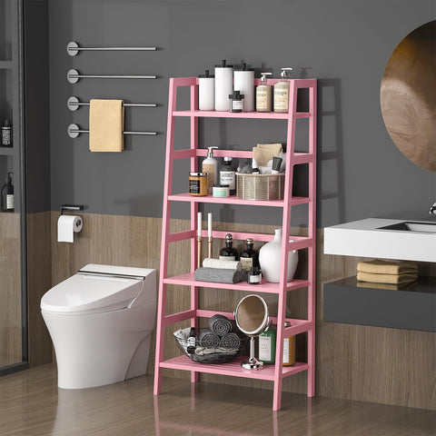 Homykic Bamboo Ladder Bookshelf pink plant stand with compact footprint