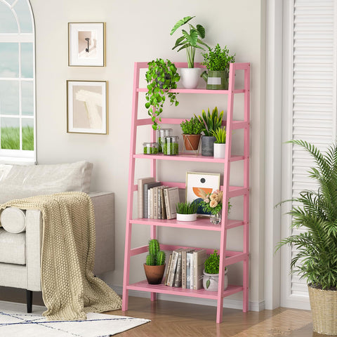 Homykic Bamboo Ladder Bookshelf pink side view, sturdy bamboo and vertical storage solution