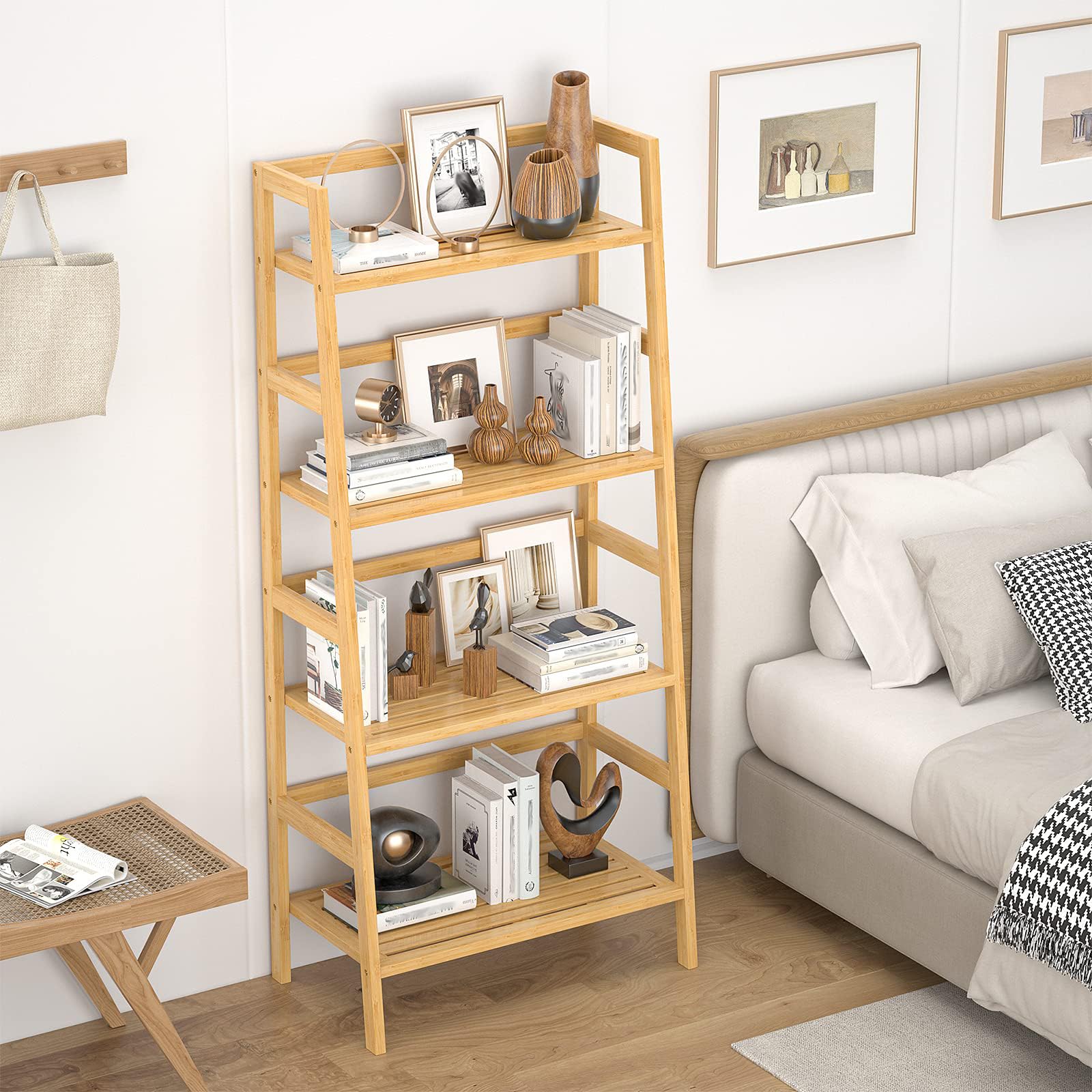 Homykic Bamboo Ladder Shelf assembled rack demonstrates quick 15-minute setup