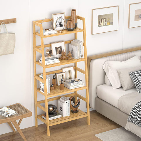Homykic Bamboo Ladder Shelf assembled rack demonstrates quick 15-minute setup