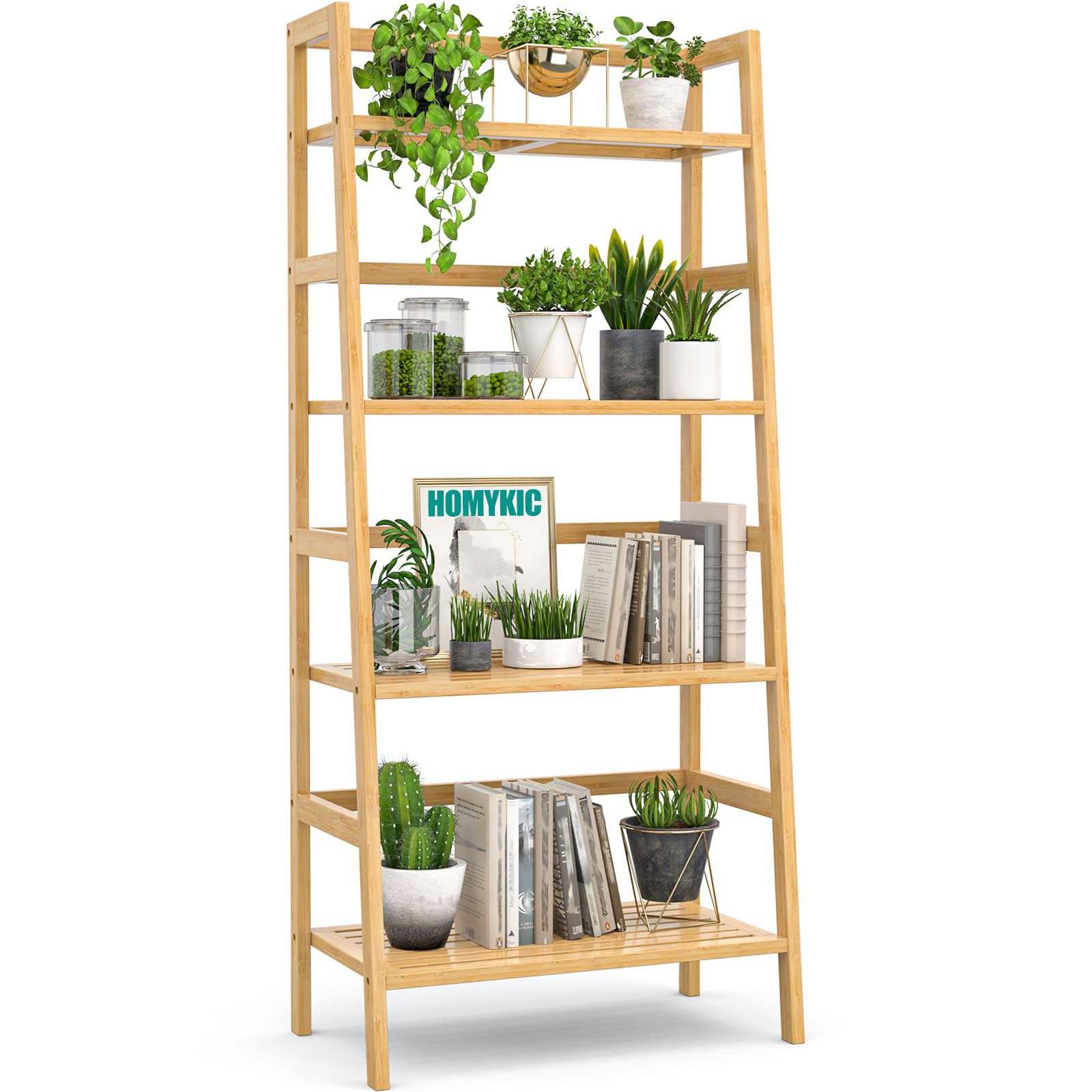 Homykic Bamboo Ladder Shelf front view showing space-saving storage for books and decor