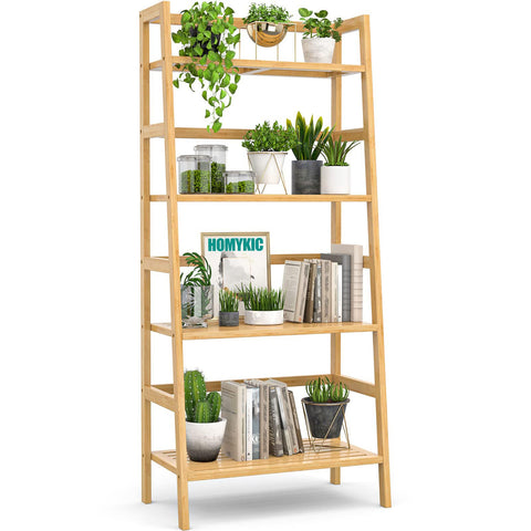 Homykic Bamboo Ladder Shelf front view showing space-saving storage for books and decor