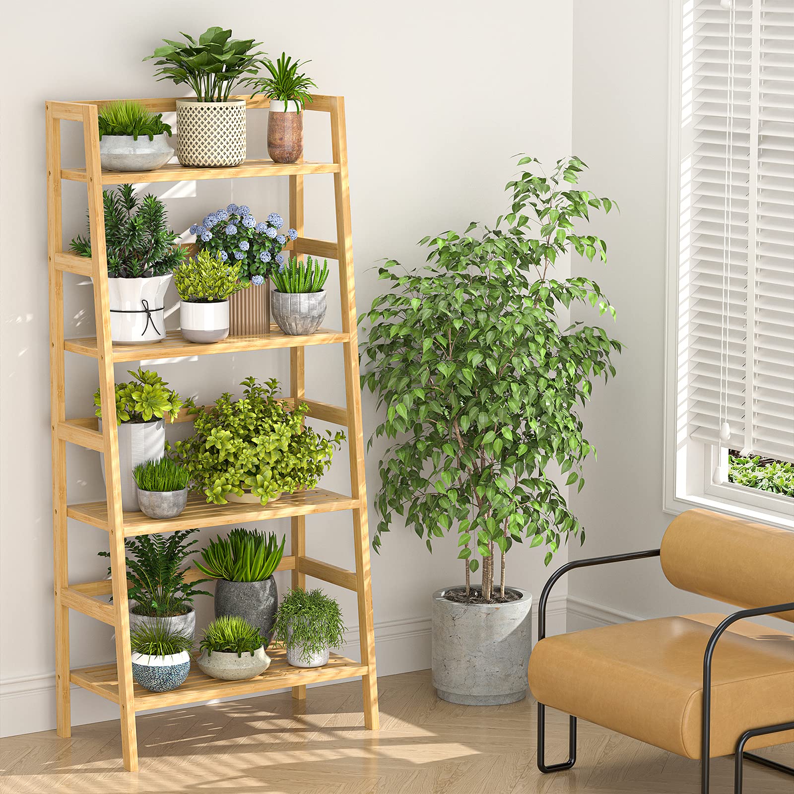 Homykic Bamboo Ladder Shelf room setting in living area