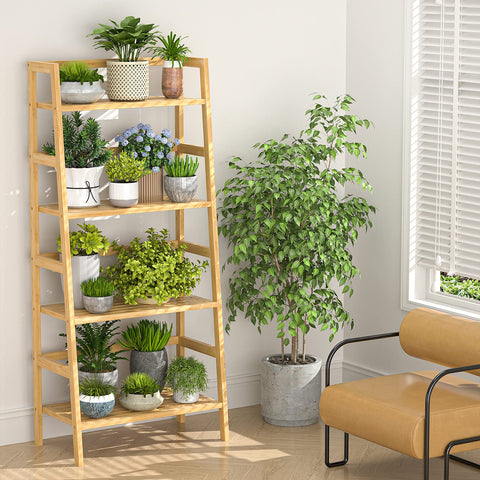 Homykic Bamboo Ladder Shelf room setting in living area